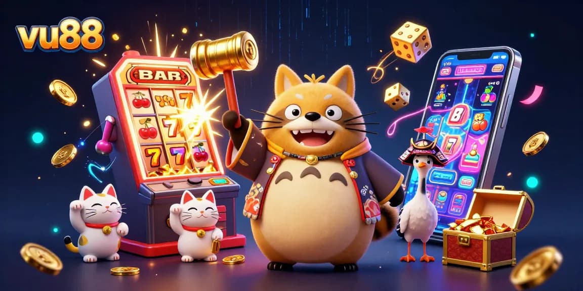 Experience thrilling games with vu88 featuring vibrant slot machines and cheerful characters celebrating wins.