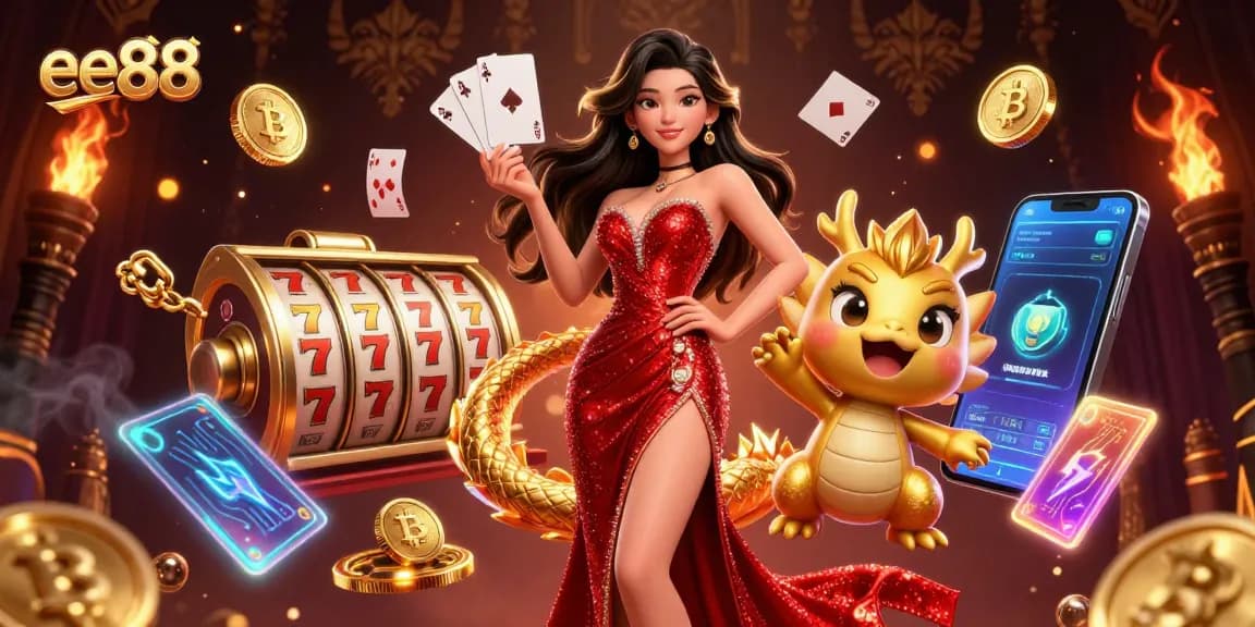 Experience exciting gameplay with ee88 featuring slots, a confident woman, and a cute dragon mascot.
