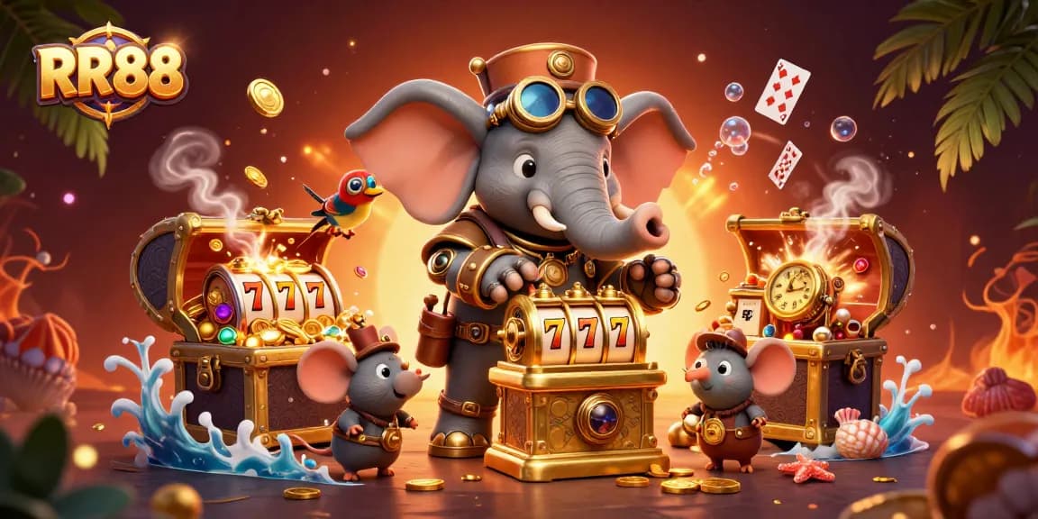 Win big at RR88 with vibrant steampunk-themed slots, featuring spectacular characters and casino elements.