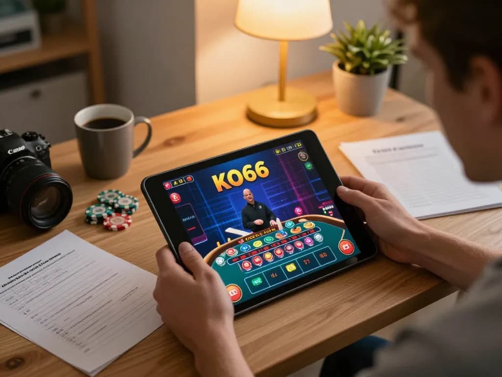 Engaging scene of a person using a tablet for KO66 live dealer games, focusing on responsible gaming and strategic approach.