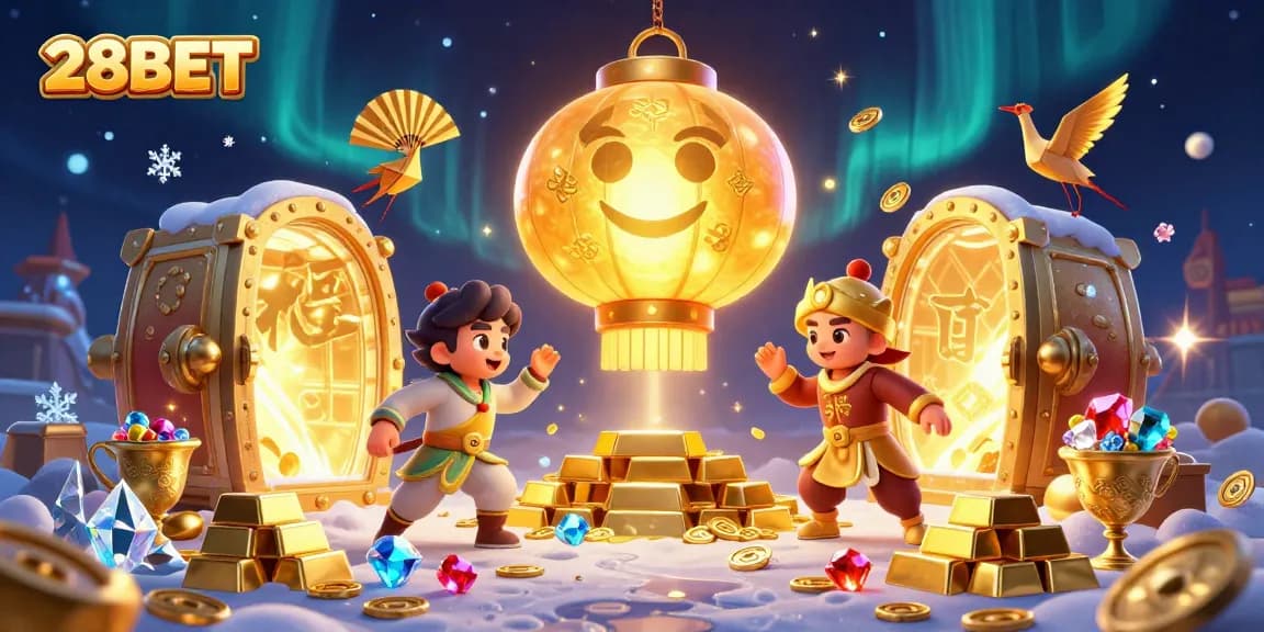 Join the excitement of 28BET as the golden lantern spirit floats above a vibrant casino scene.