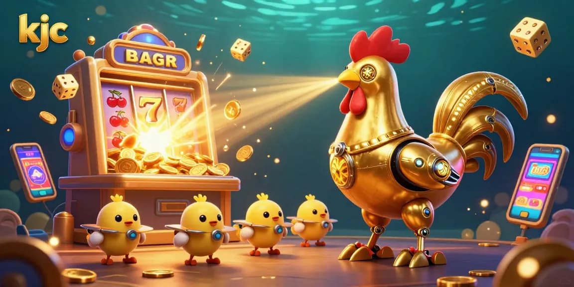 KJC slots scene showcasing a golden rooster robot and baby chick drones celebrating a jackpot explosion.
