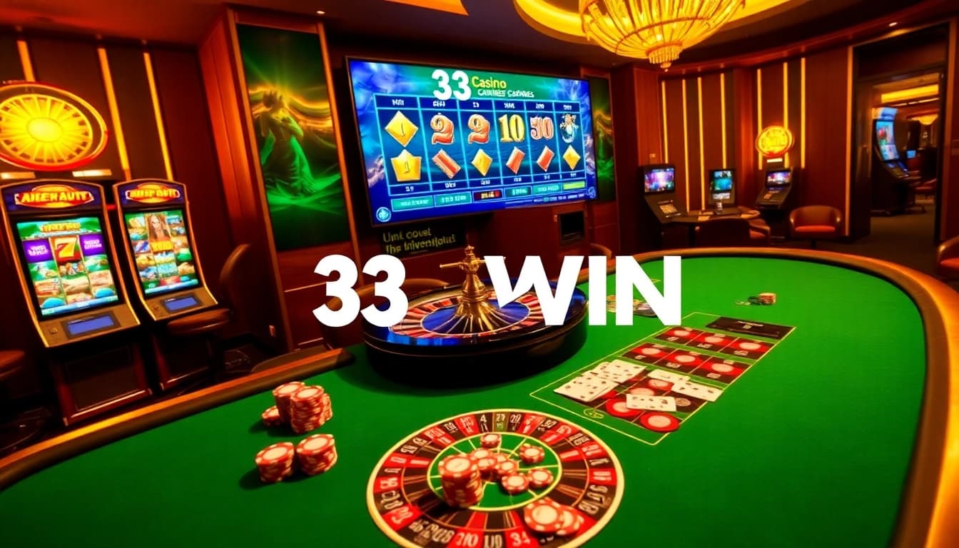 Exciting online gaming atmosphere showcasing 33WIN with vibrant slot machines and poker chips.