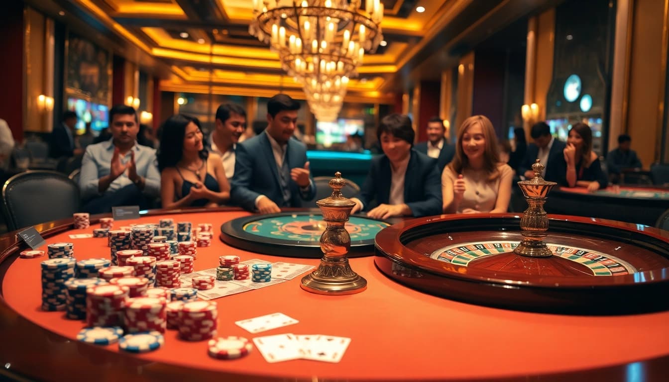 Engaging scene of an upscale gaming table at nhà cái kp88, showcasing chips, cards, and excitement amidst gamblers.