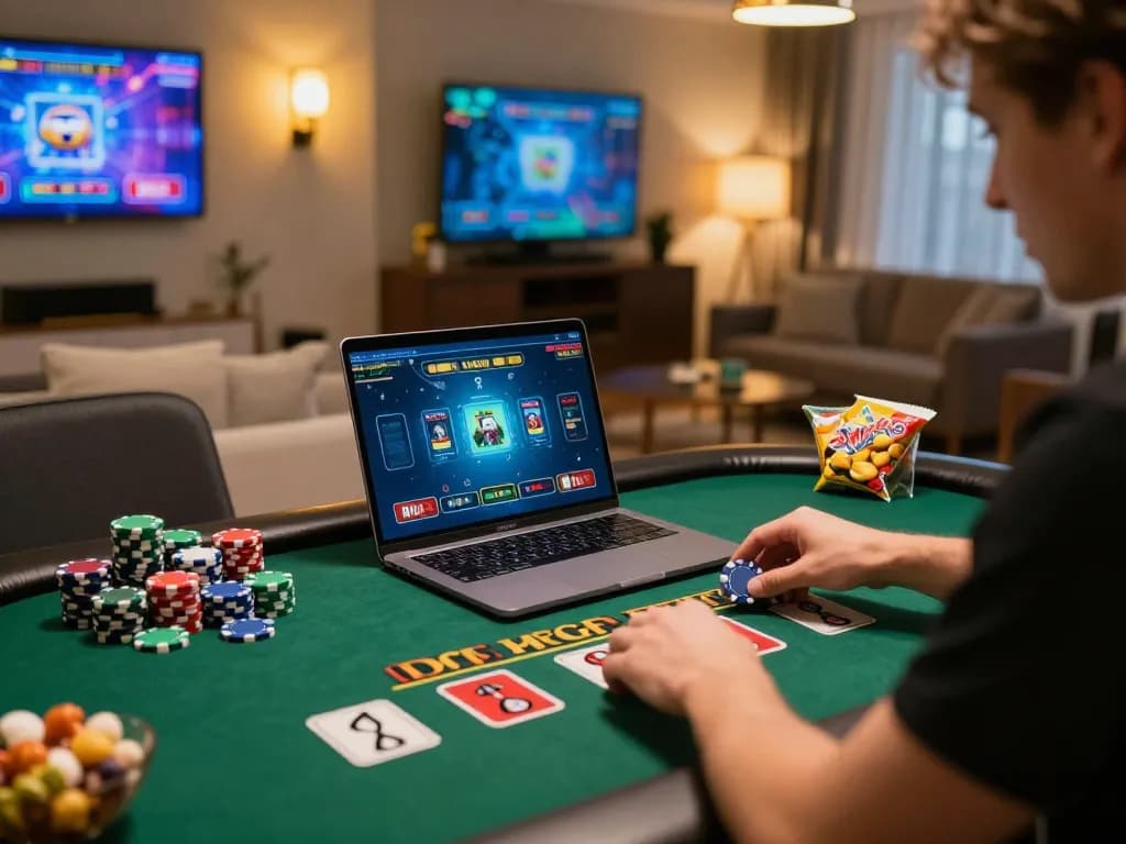 Engaging in game đánh bài đổi thưởng on a laptop, showcasing vibrant poker chips and cozy home setting