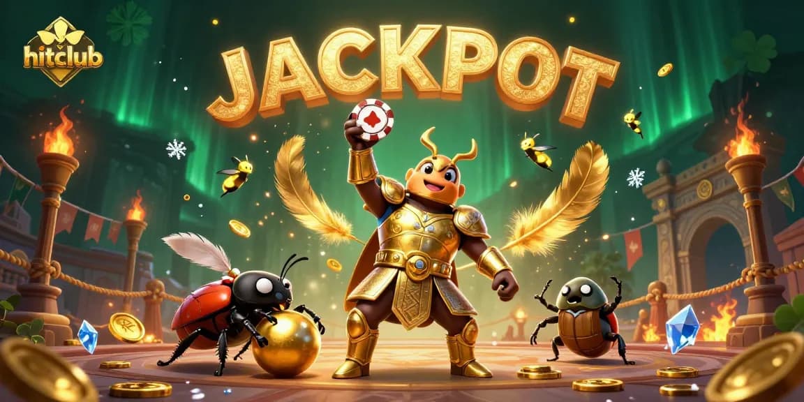 Hitclub's triumphant beetle celebrates a jackpot win in a vibrant and dynamic casino scene.