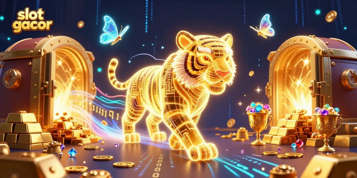 Experience exciting slot gacor gameplay with vibrant casino visuals showcasing golden treasures and a digital landscape.