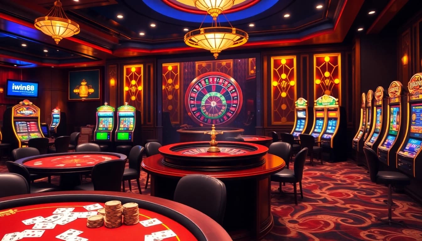 Iwin68 online gaming interface displayed in a luxurious casino setting with vibrant slot machines.