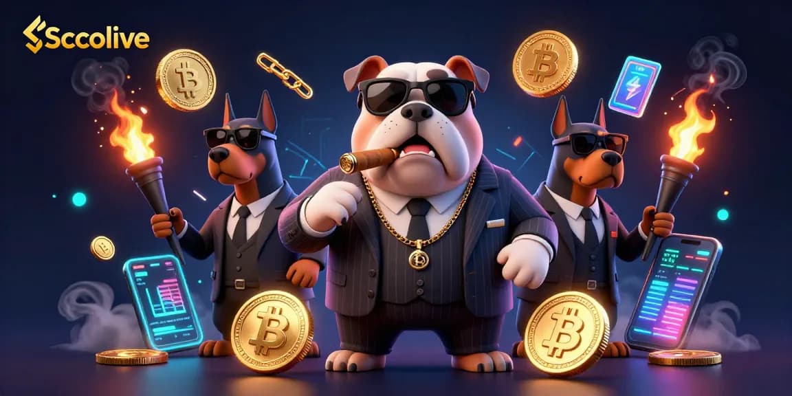 Socolive presents a vivid 3D illustration of a mafia bulldog running a sports betting empire surrounded by crypto coins.