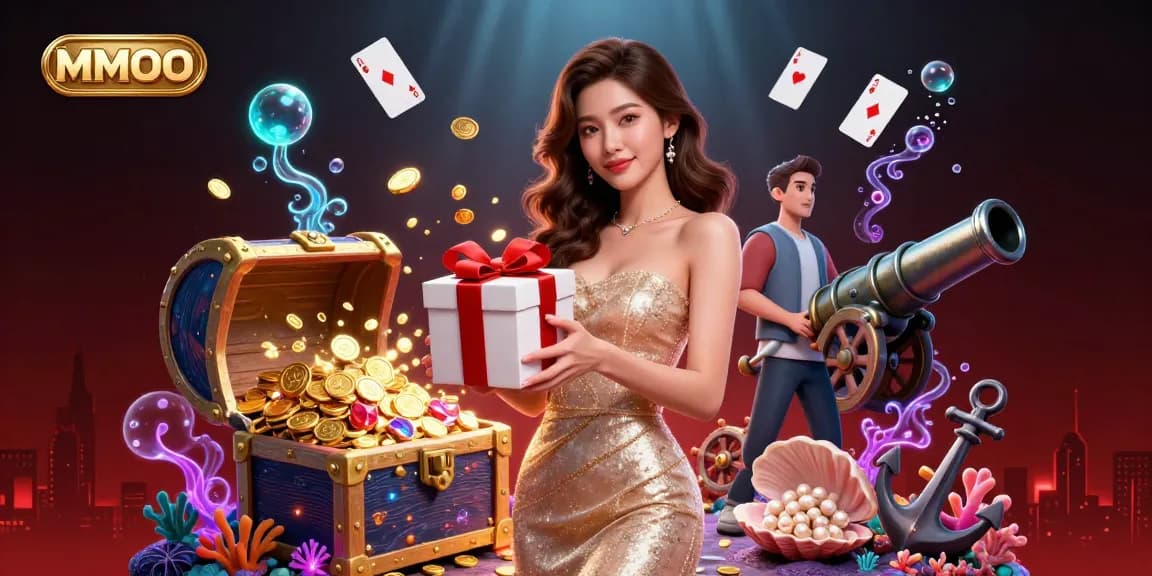 Engage with MMOO's festive casino experience featuring golden coins, playful elements, and a welcoming atmosphere.
