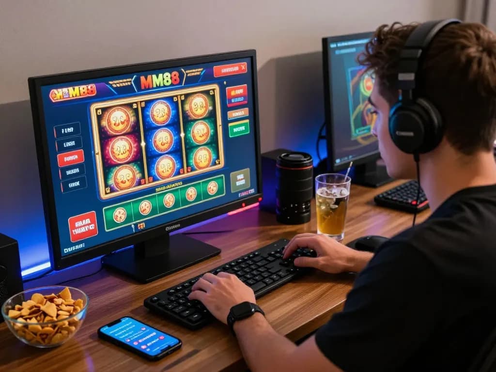 Player enjoying MM88 online casino gaming in a cozy setting with vibrant interface and snacks