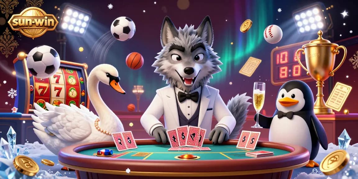 Experience the excitement of sun-win with a dynamic 3D casino scene featuring a wolf, swan, and penguin enriching gamer engagement.
