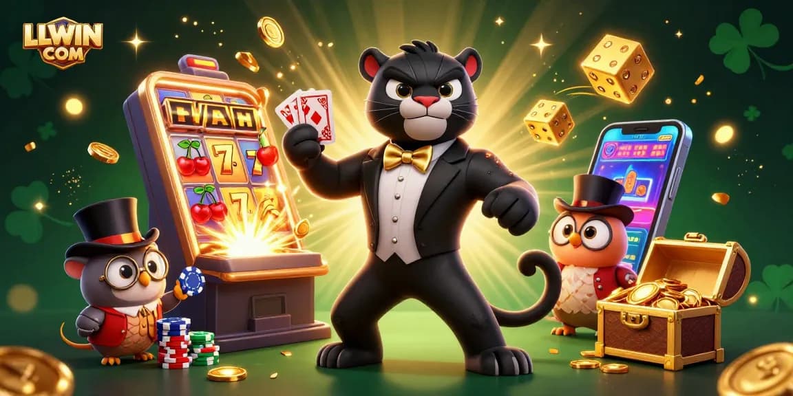Experience thrilling gaming action with LLWIN COM in a vibrant 3D casino scene featuring lavish characters and exciting jackpots.