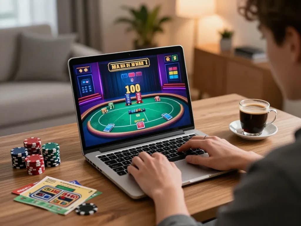 Engaging in exciting online gambling with Link LODE88 on a laptop in a cozy home atmosphere