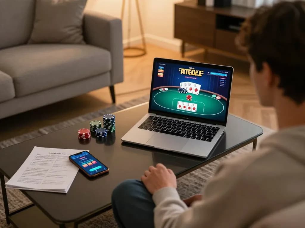 Player engaging in online casino gaming at home with SC88, using laptop and smartphone for betting