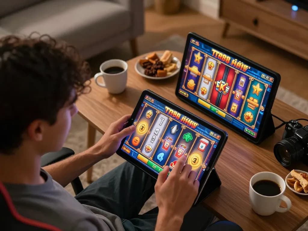 Engaging in TT88 nổ hũ gameplay on a tablet in a relaxed home setting, showcasing vibrant slot game interface.