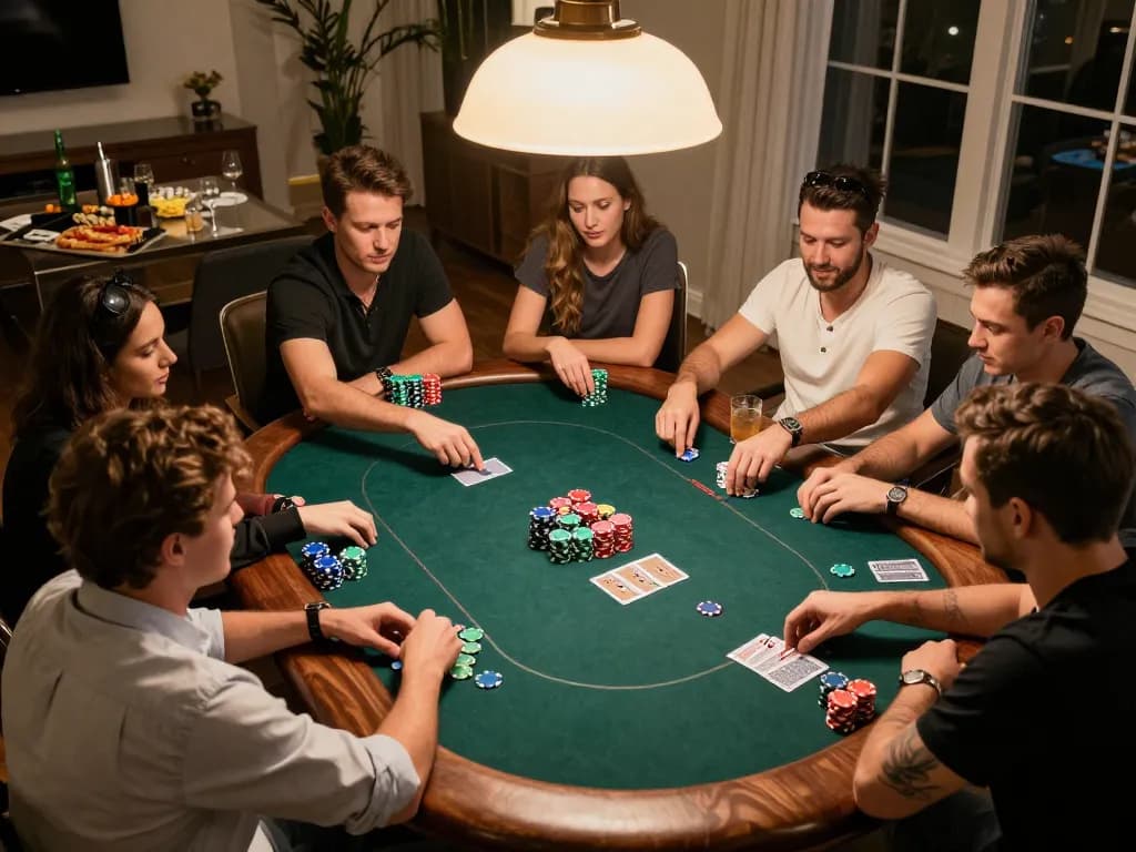 Players engage in a spirited poker game night, highlighting the thrill of MB66 strategy and social interaction.
