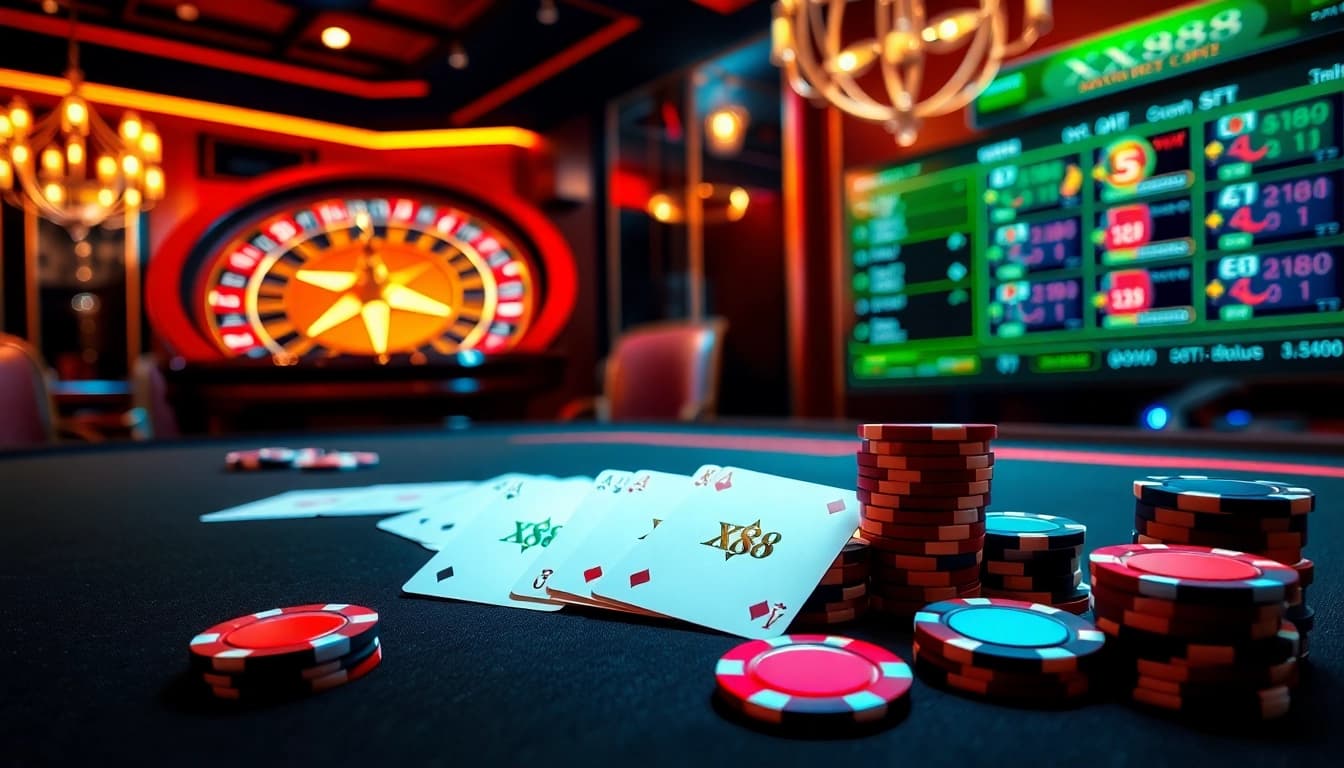 Experience thrilling gameplay at XX88 with vibrant poker chips and stylish casino tables.