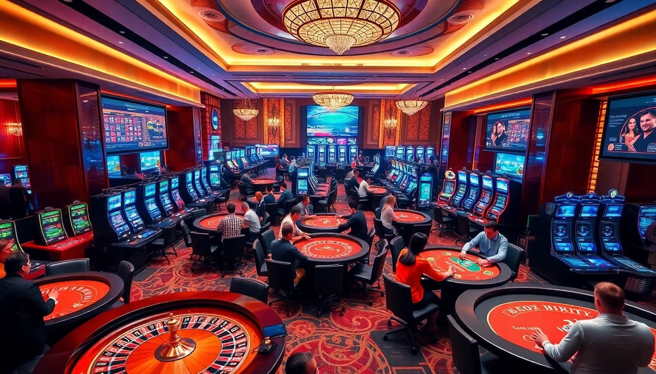 Exciting gameplay at FO88.LTD casino with players at tables and vibrant slot machines.