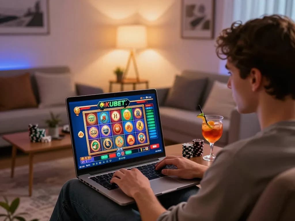 KUBET gaming interface displayed on a laptop screen during an enjoyable home gambling session.