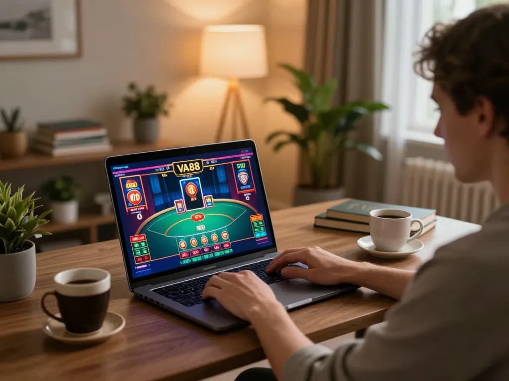 Engaging in VA88 online casino gameplay at home, showcasing vibrant gaming interface and cozy setup