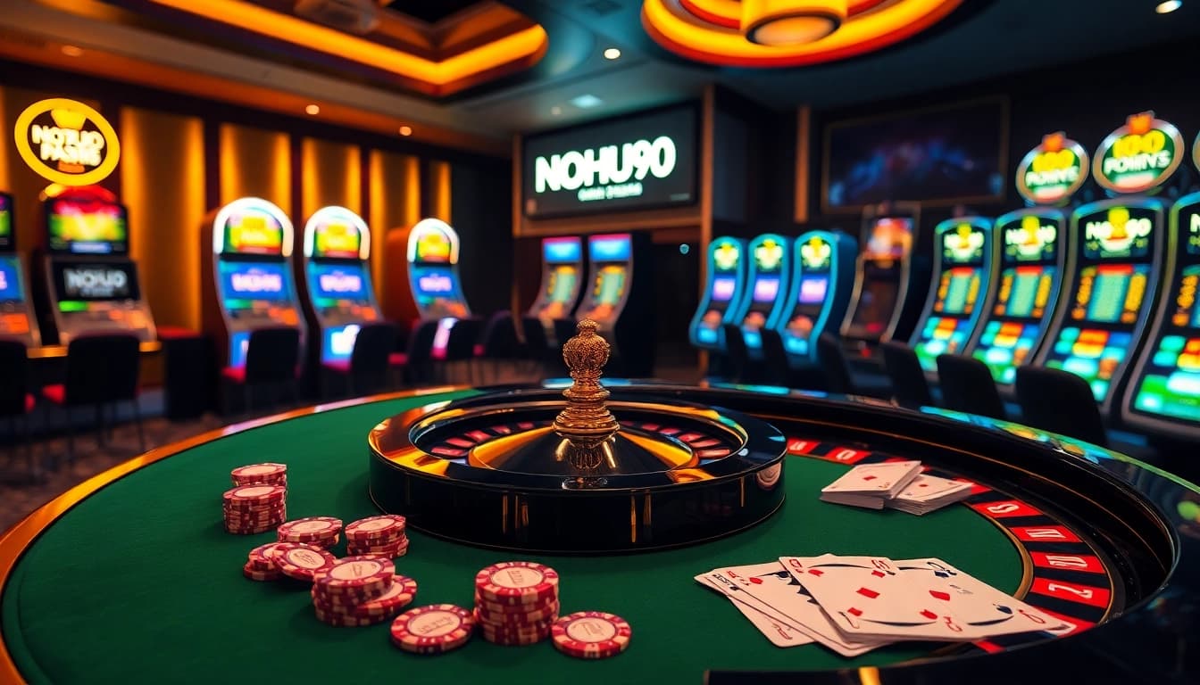 Experience gambling excitement at NOHU90 with vibrant casino tables and dynamic slot machines.