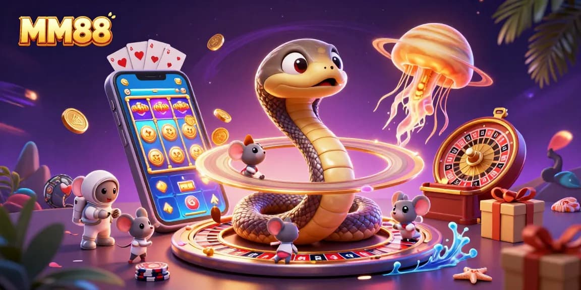 MM88 engages players with a vibrant cosmic casino scene featuring a Saturn snake and cute astronaut mice.