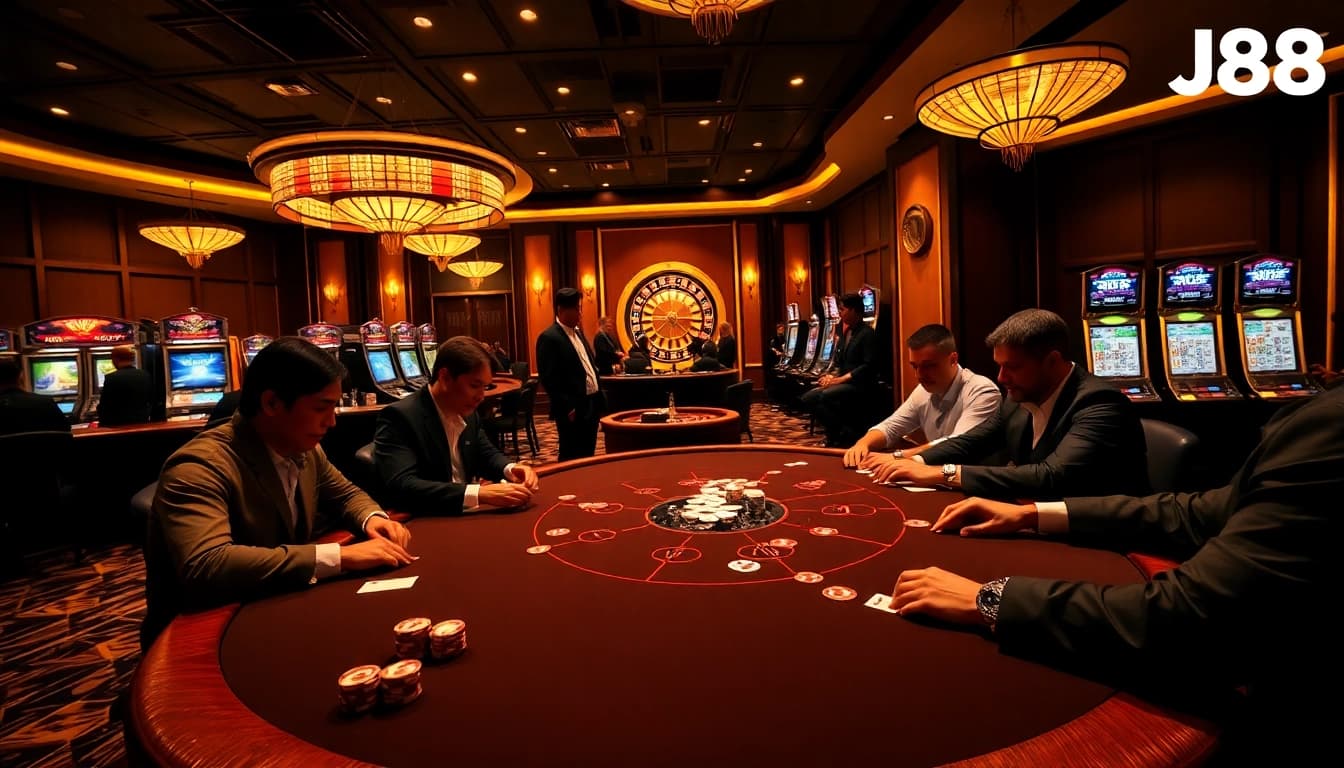 Experience the thrill of J88 casino gaming with excited players at an elegant poker table.