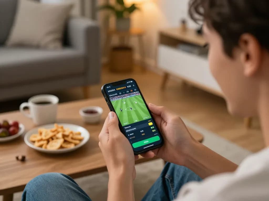 7m bet placement on live football match using smartphone in cozy home setting