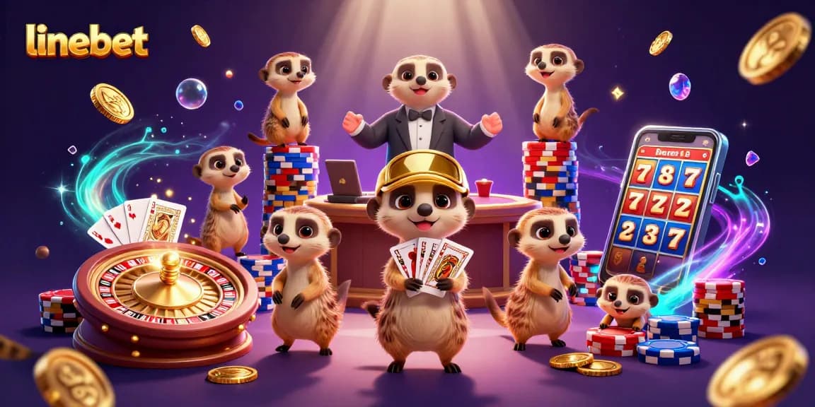 Experience thrilling bets with linebet at a vibrant casino run by playful meerkats, featuring festive elements.