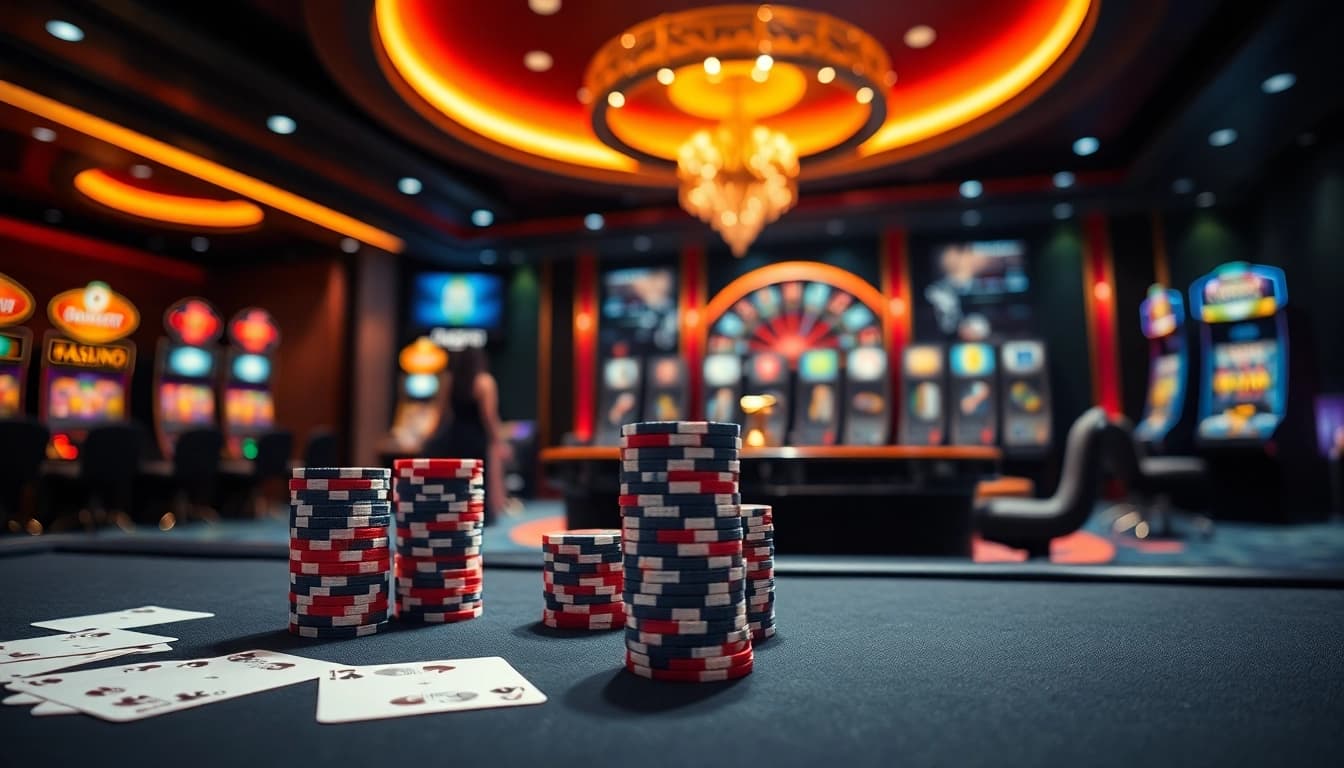 Experience the thrill of S8 gaming with vibrant poker chips at a luxurious casino table.
