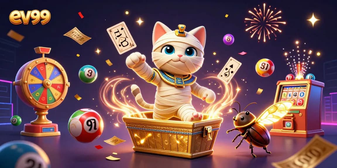 Win big with ev99 in this vibrant 3D casino scene featuring lottery elements and Egyptian themes.