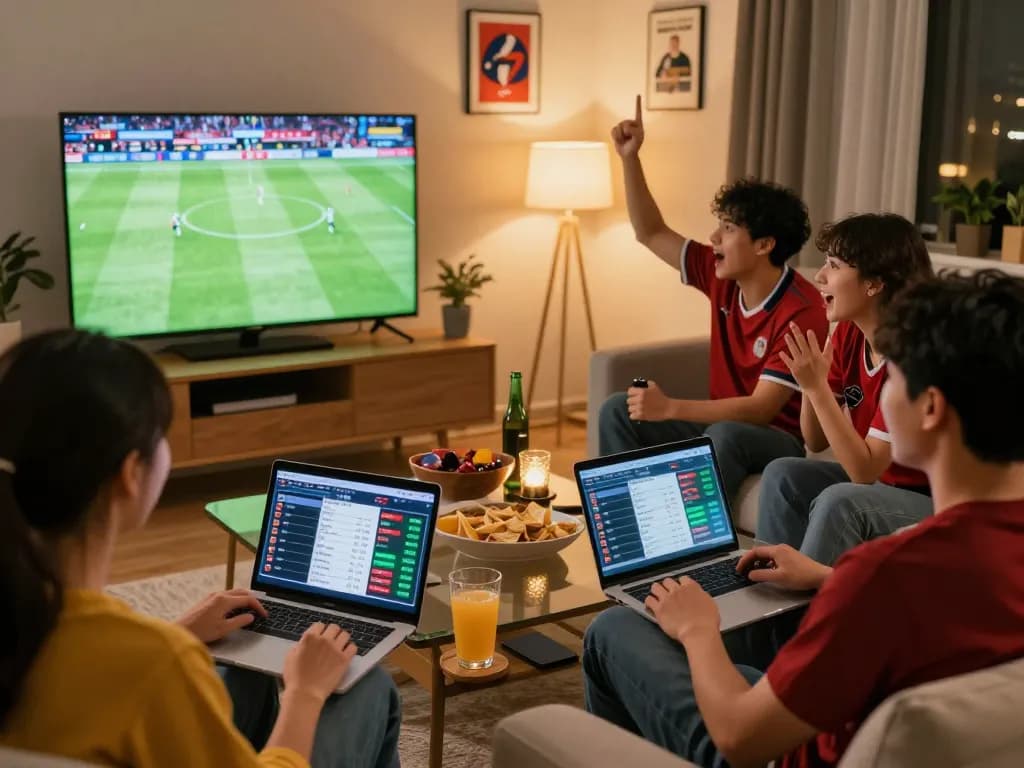 Kèo nhà cái - Friends enjoying a football match with betting odds on screens
