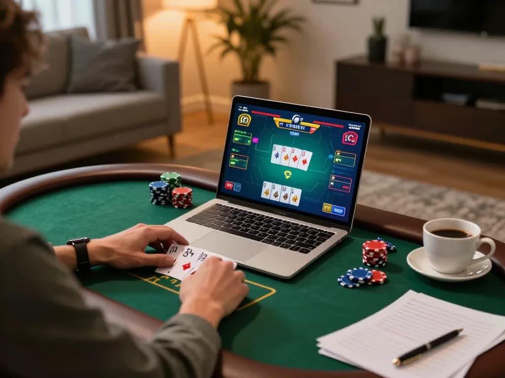 Engaging gameplay at fly88 online casino with a poker setup on laptop in a cozy setting.