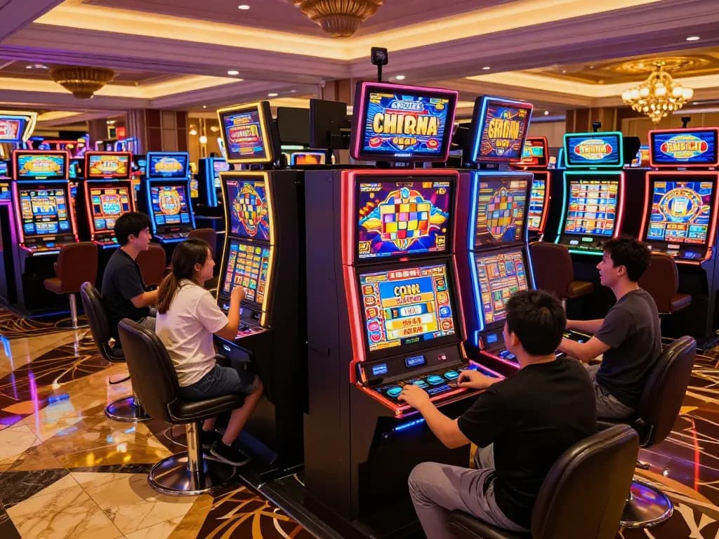 Pemain yang bersemangat terlibat dengan mesin slot yang berwarna-warni di kasino dinamis yang menyoroti permainan toto.