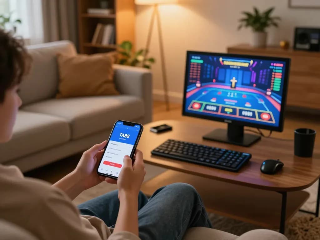 TA88 players using mobile app for online gambling in a cozy home setting