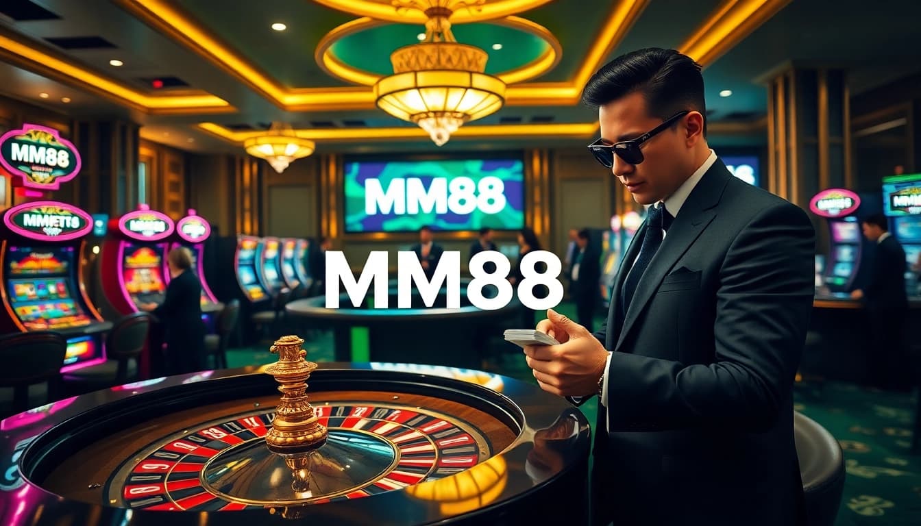 A player experiences the thrill of online gambling at https://mm88.us.com/ with poker chips and roulette in a luxurious casino.