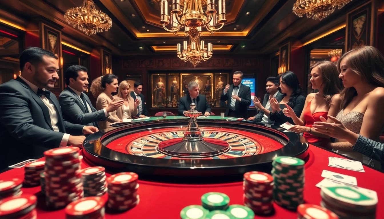 RR88 exciting roulette game in an upscale casino with vibrant atmosphere.
