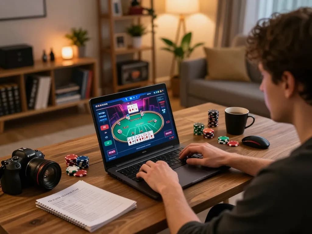 Player engaging with sunwin online poker game during cozy home gaming setup.