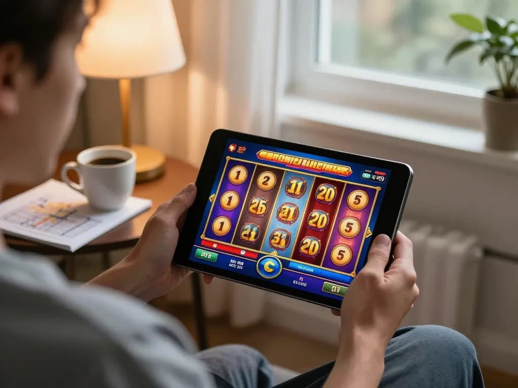 Player enjoying LLWIN slot games on a tablet in a cozy home setting with strategy notes nearby
