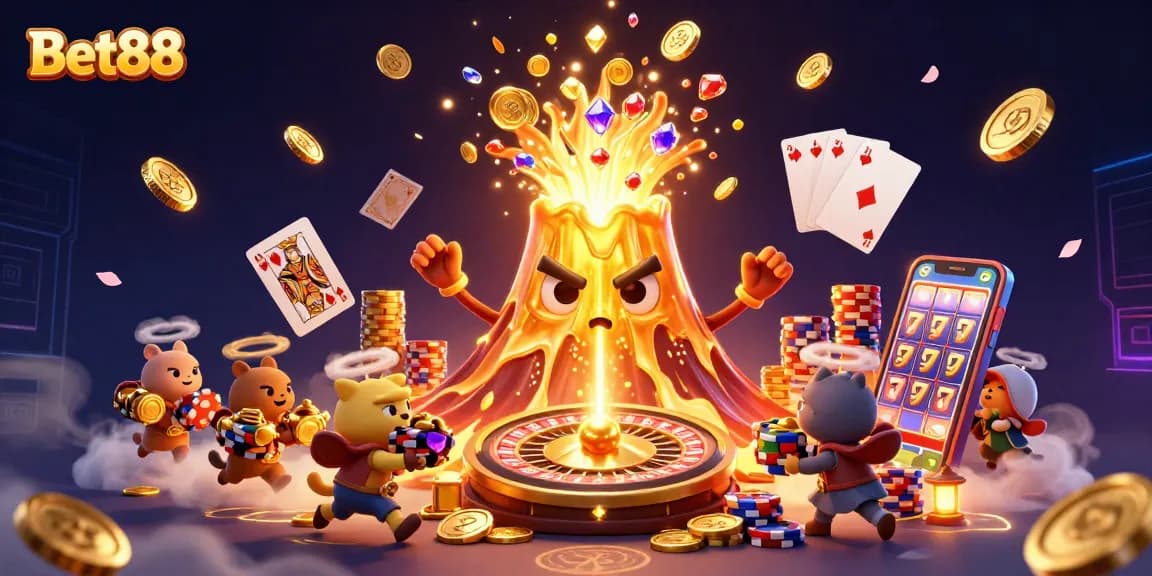 Win at Bet88 with a thrilling eruption of treasures, vibrant coins, and gaming excitement.