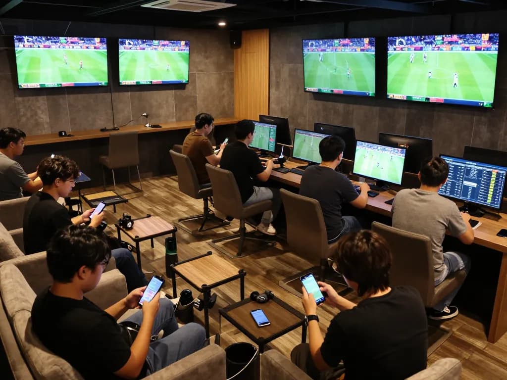 Bongdalu bettors engaging in live sports betting with smartphones in a vibrant lounge
