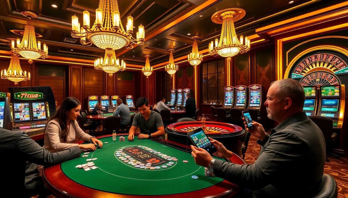 Engaged players enjoying a thrilling experience at 789club casino with poker, roulette, and slot machines.