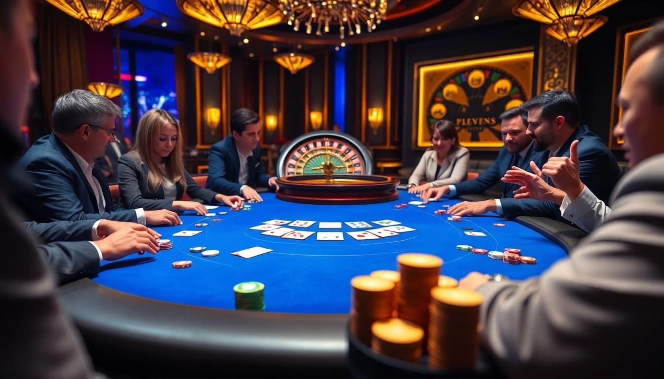 Gamblers engaging in a thrilling poker game at tg88 casino, with colorful chips and cards.