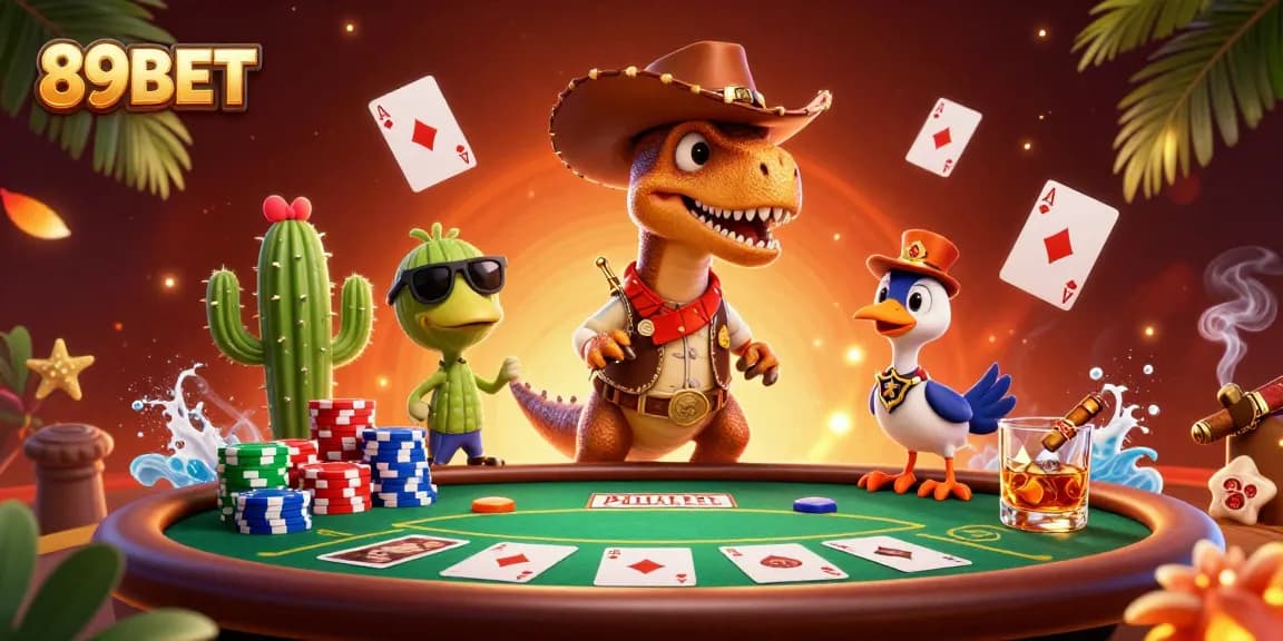 Win big with 89BET in an engaging casino scene featuring a cowboy dinosaur and vibrant poker elements.