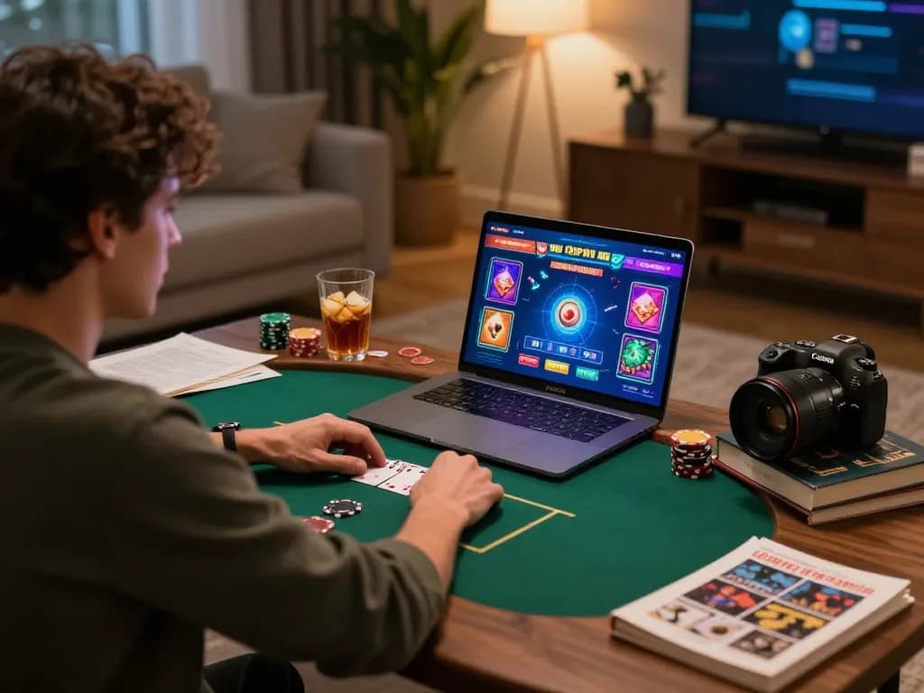 Engaged user playing luck8 online poker at home, illuminated by laptop screen with snacks nearby.