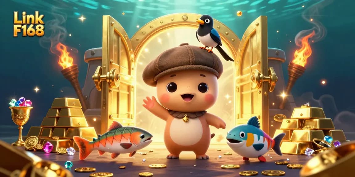 Experience thrilling bets and winnings at Link F168, featuring vibrant gaming characters and gold treasures.