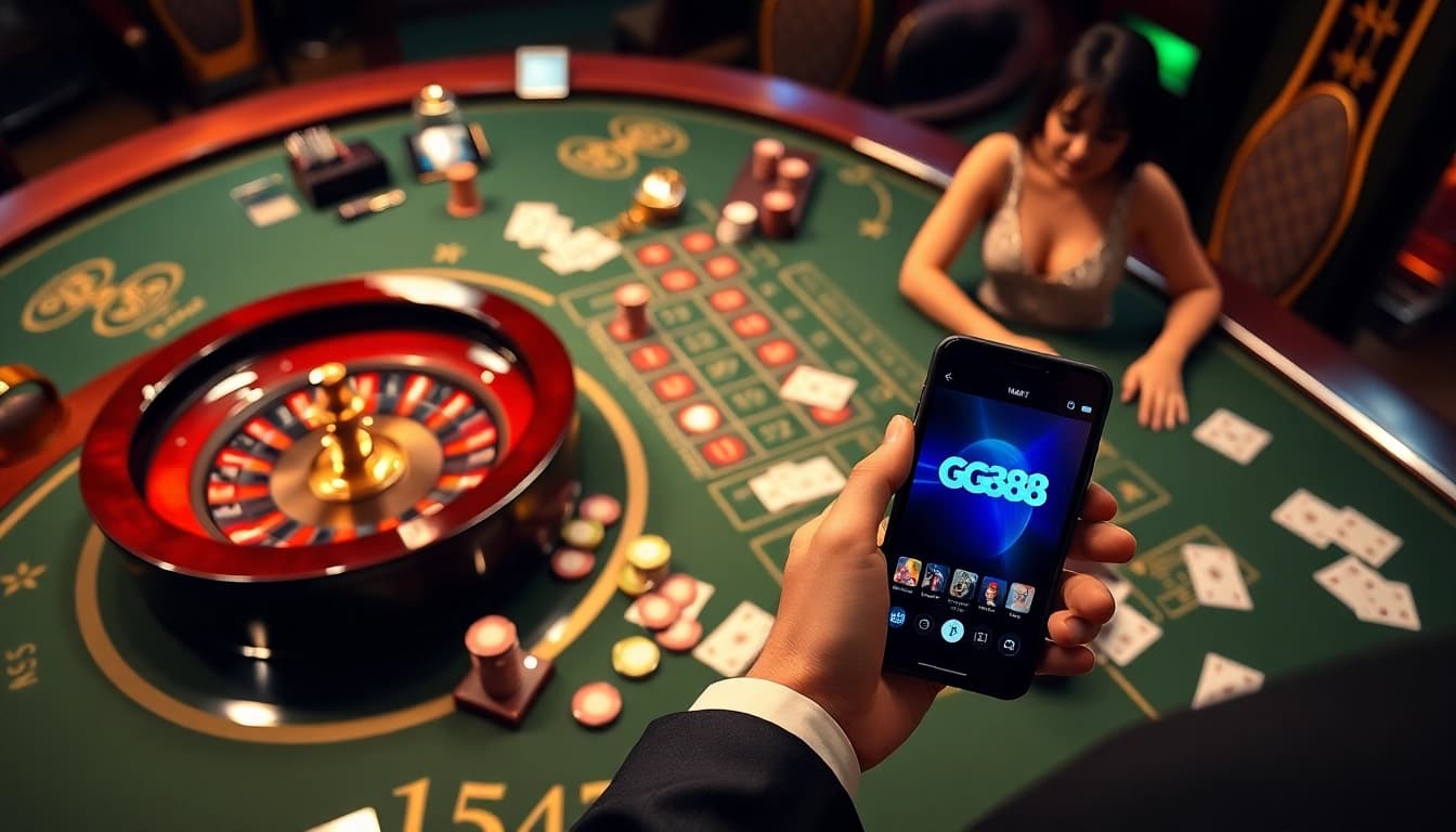 Experience GG88 with an immersive casino scene showcasing poker, roulette, and advanced betting technology.