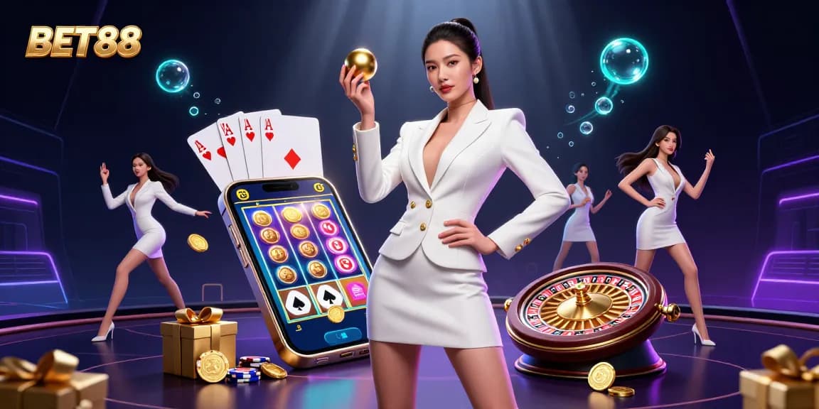 Spin your luck at BET88 with a dazzling casino scene featuring games, glamour, and excitement.