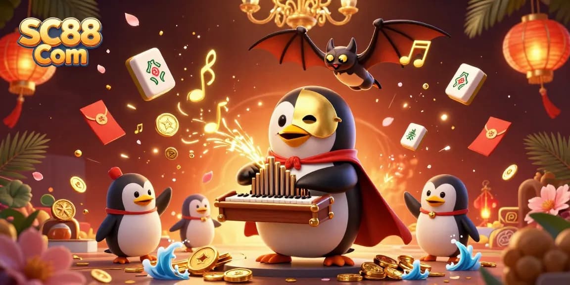 Experience the excitement at SC88 Com with a dazzling scene of vibrant casino elements and characters, showcasing a thrilling pipe organ of fortune.